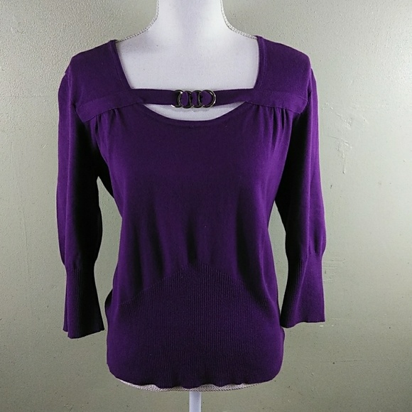 R.Q.T. Sweaters - 3/4 Sleeve Purple Sweater with Neckline Detail L